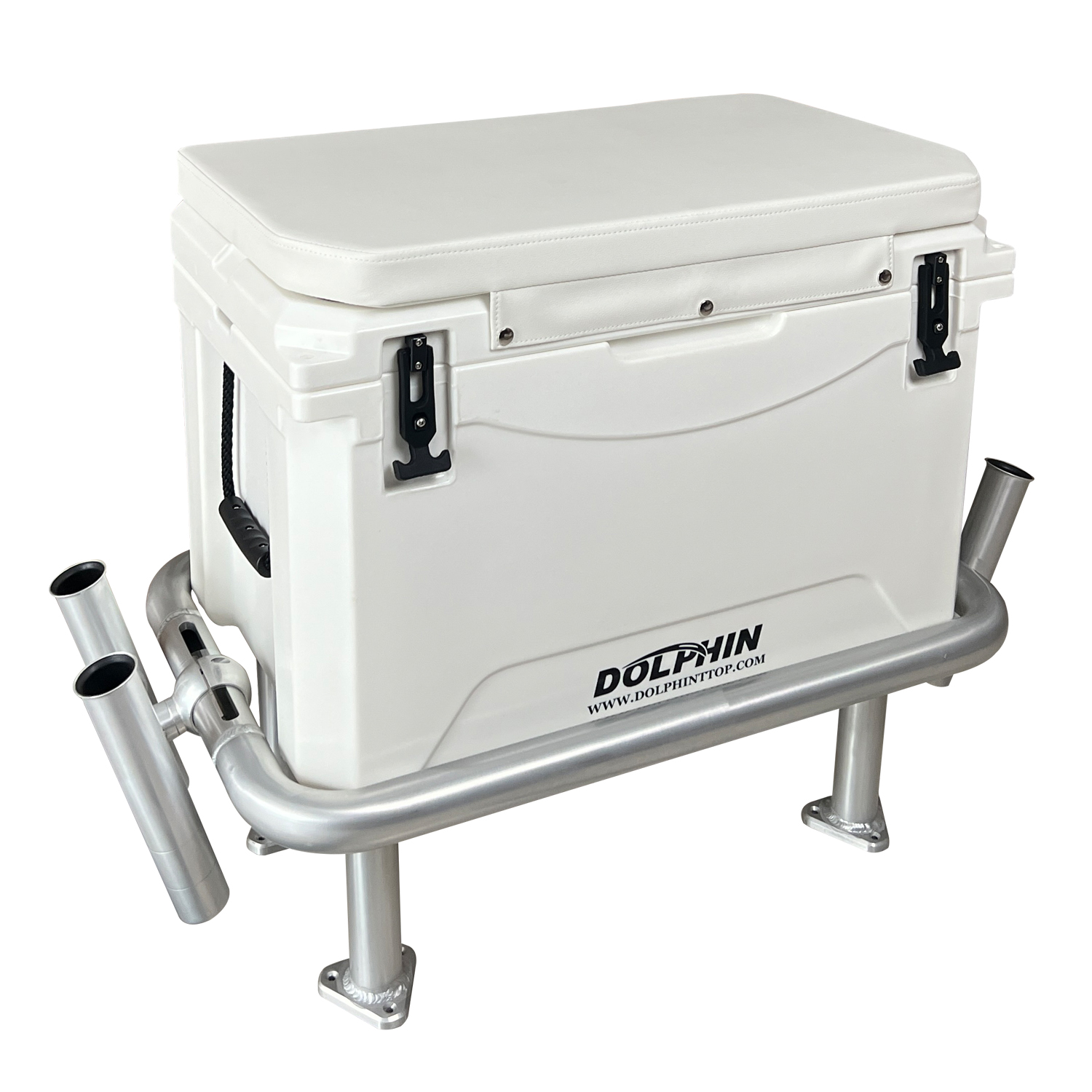 Dolphin OEM 85QT (80L) fish cooler with white seat cushion & 4 rod holders